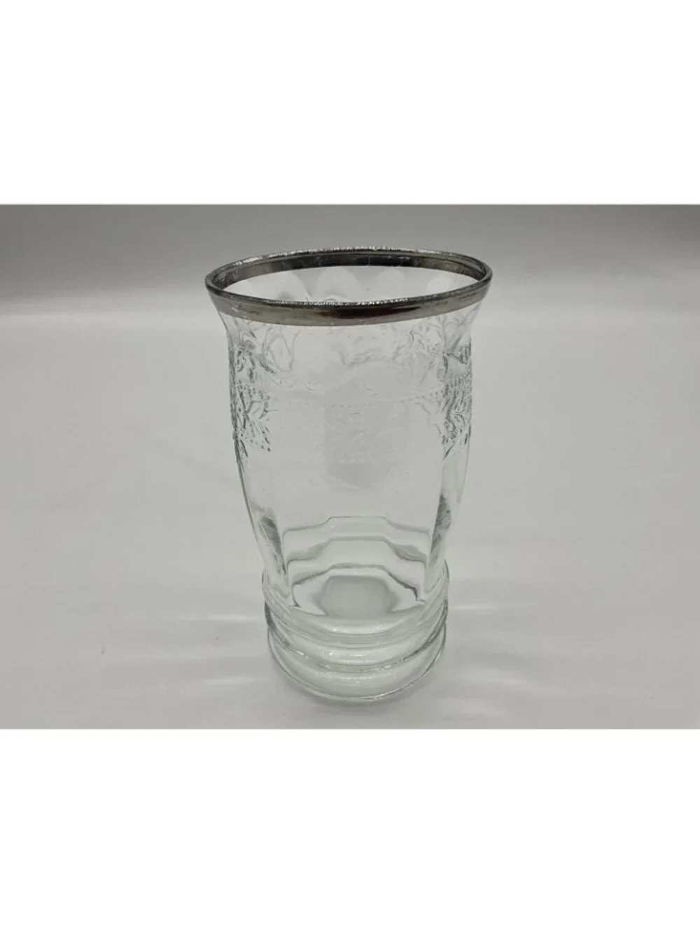 MacBeth -Evans Strippled Rose Band Clear Depression Glass Tumbler w/silver Rim